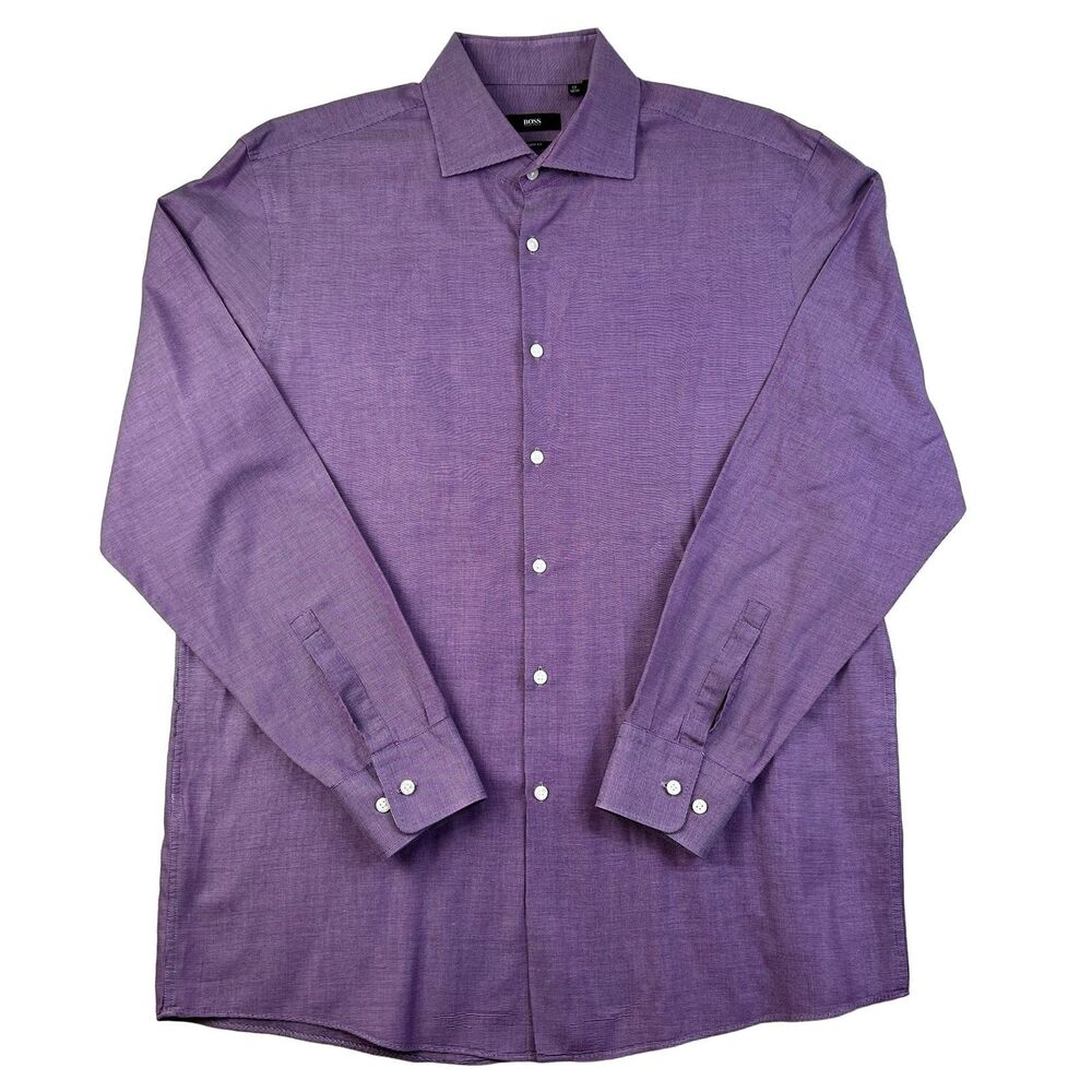 BOSS Hugo Boss Miles Dress Shirt 17 34/35 Purple Sharp Fit Cotton Check
